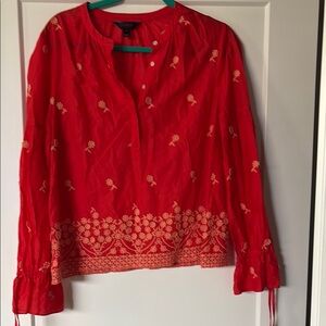 J. Crew Red Blouse with Bell Sleeves and Mandarin Collar